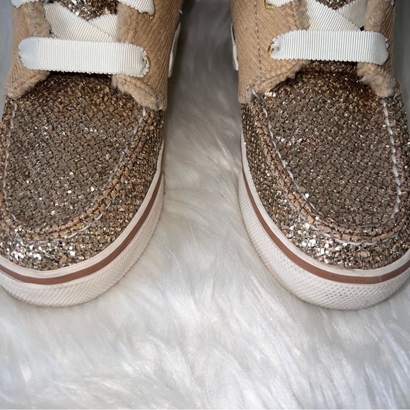 Sprerry Top Sider Acklins Tan Corduroy Gold Glitter Lace Up Boots 7 - Picture 2 of 14